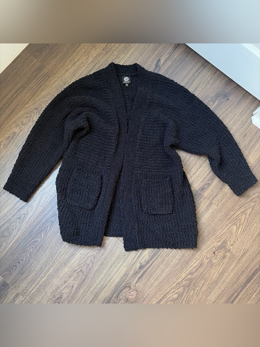 bobeau Black Bouclé Open-Front Cardigan with Patch Pockets